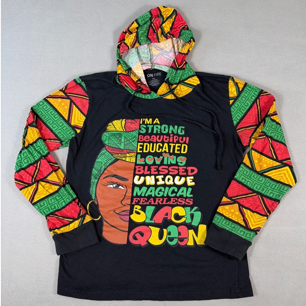 On Fire Women Black Queen Graphic Hoodie T-Shirt XL Long Sleeve Pan-African